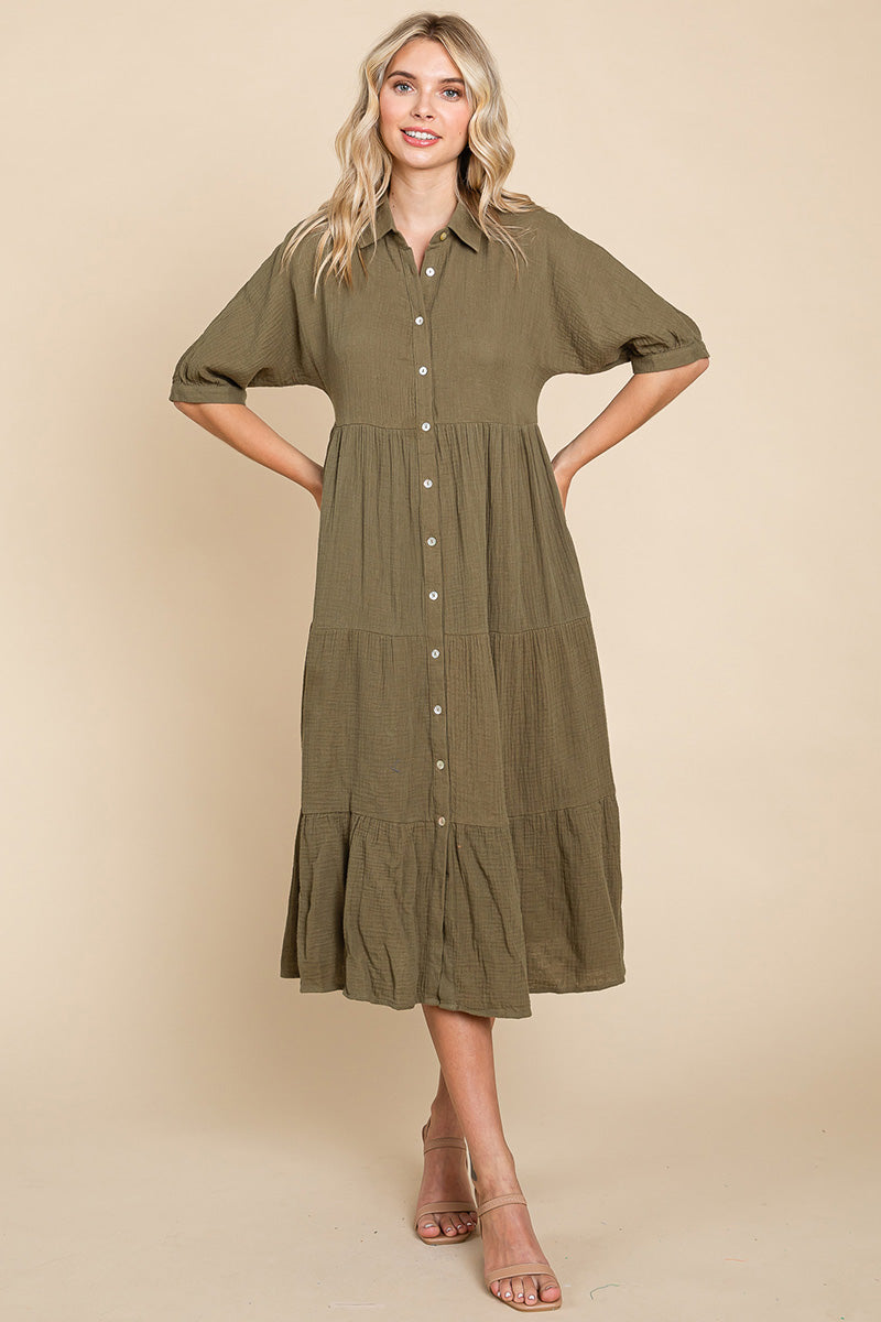 Double Gauze Tiered Cotton Midi Shirt Dress