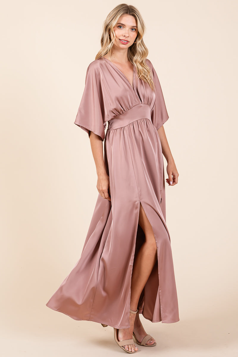 Double Satin Split Hem Smocked Kimono Maxi Dress