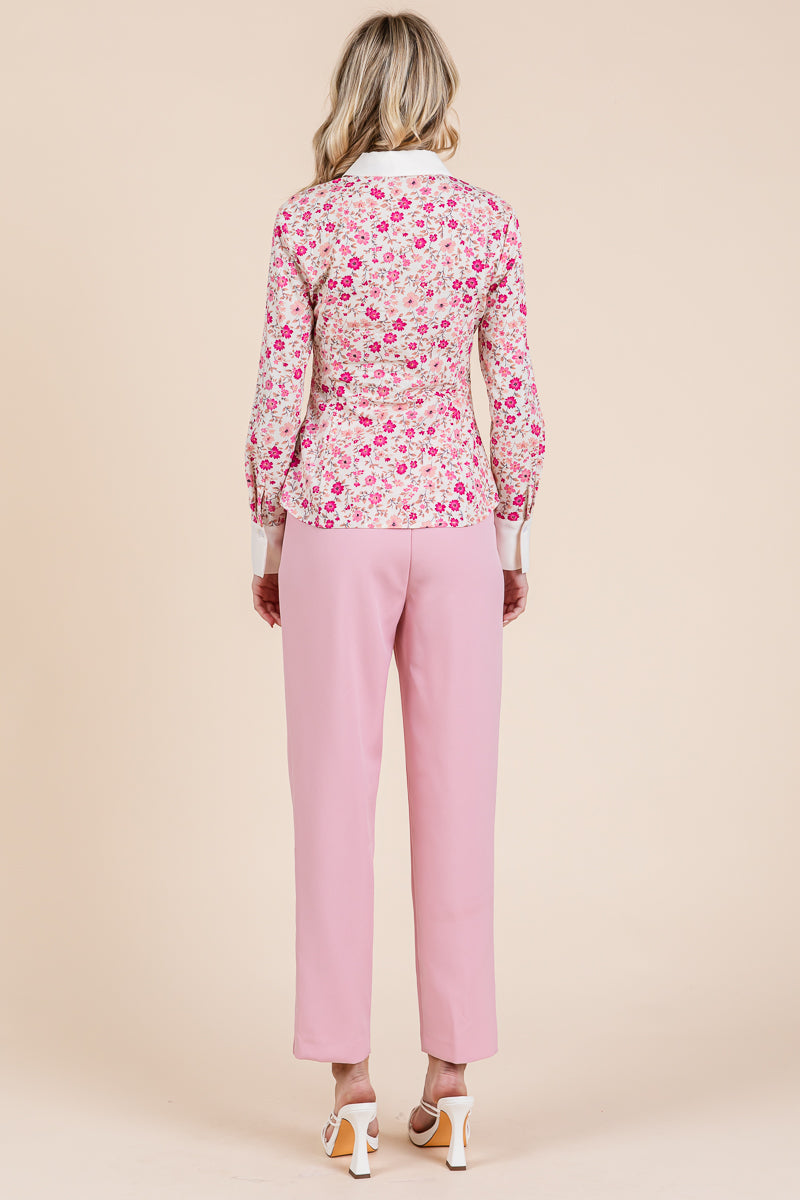 Contrast Collar Floral Long Sleeve Blouse Tops