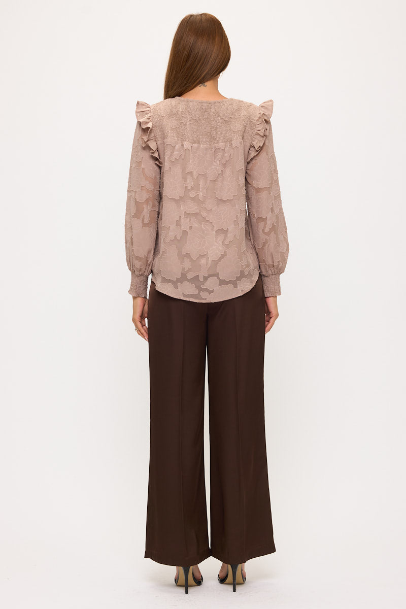 Floral Textured Smocked Shoulder Ruffle Blouse