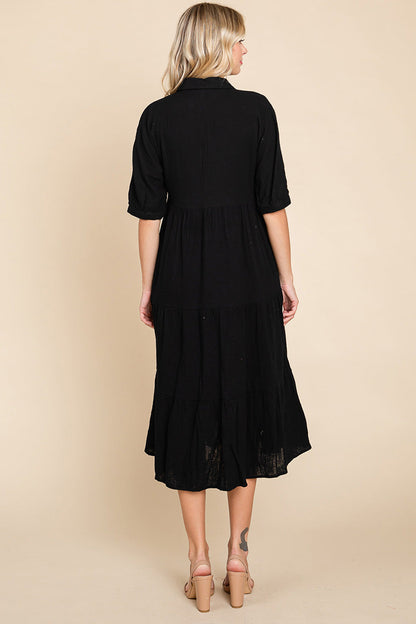 Double Gauze Tiered Cotton Midi Shirt Dress