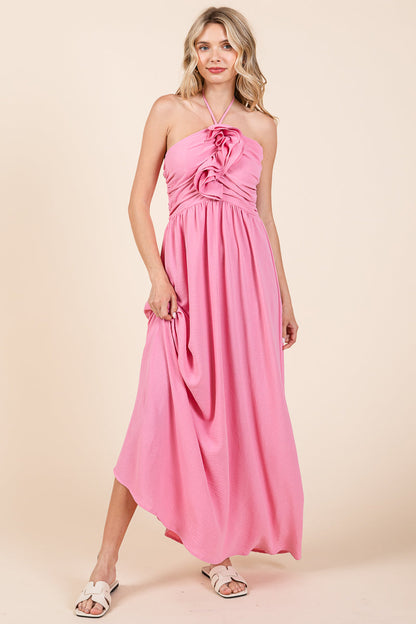 Halter Neck Smocked Embellished Maxi Dress