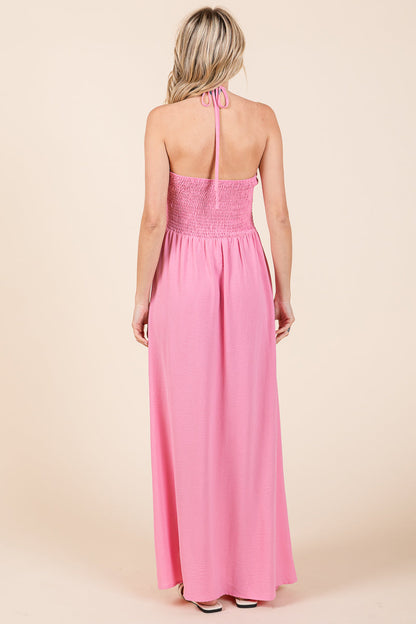 Halter Neck Smocked Embellished Maxi Dress