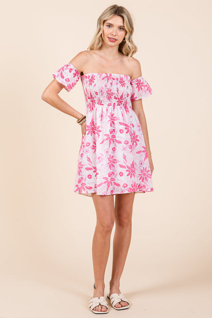 Floral Off Shoulder Smocked Mini Dress