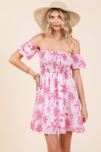 Floral Off Shoulder Smocked Mini Dress