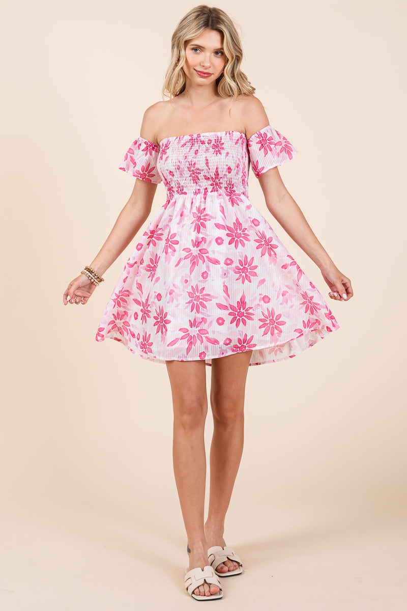 Floral Off Shoulder Smocked Mini Dress
