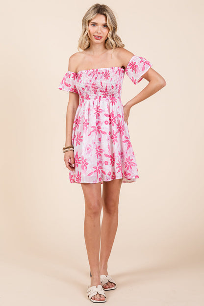 Floral Off Shoulder Smocked Mini Dress