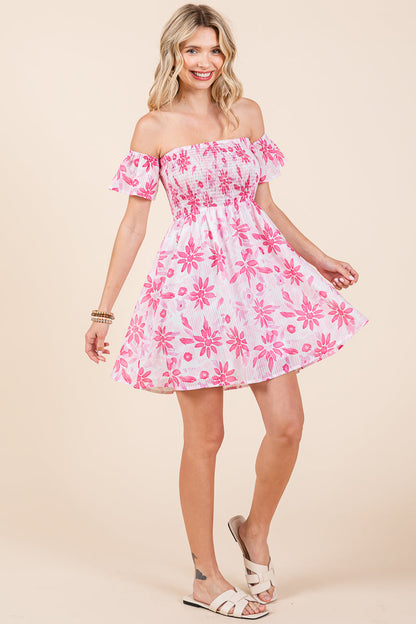 Floral Off Shoulder Smocked Mini Dress