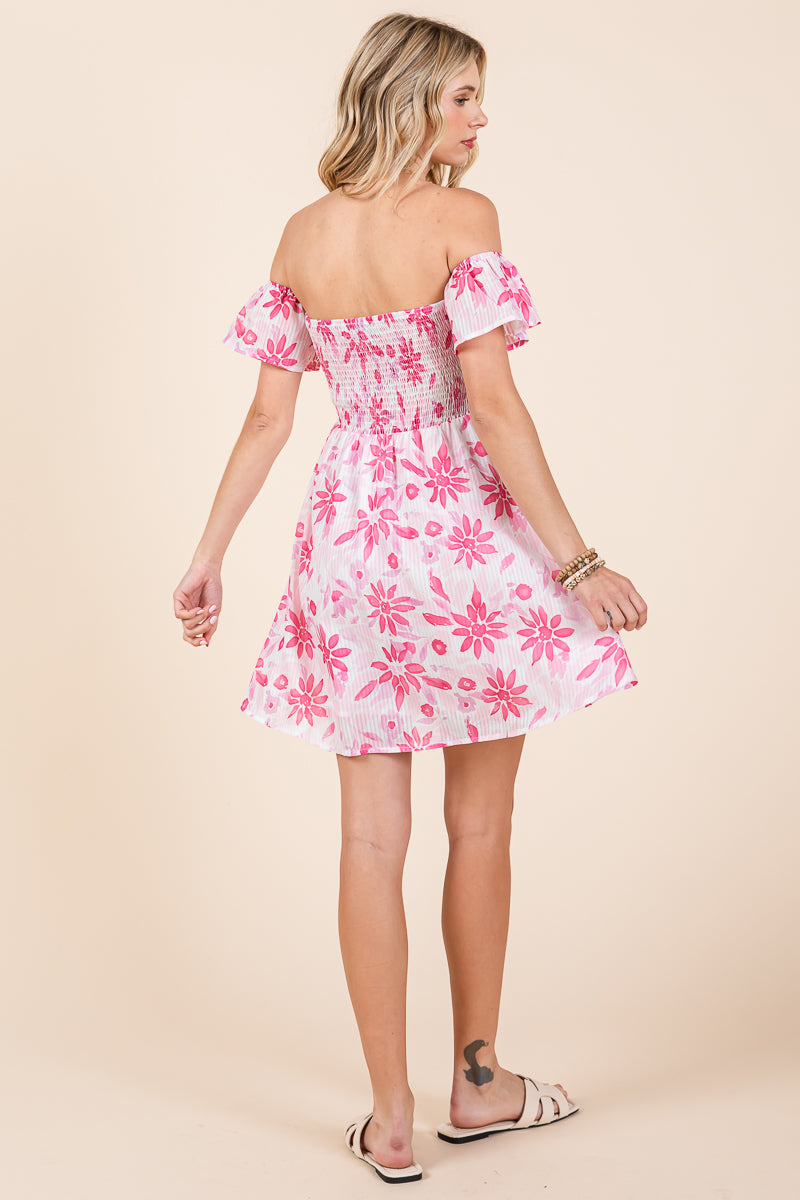 Floral Off Shoulder Smocked Mini Dress