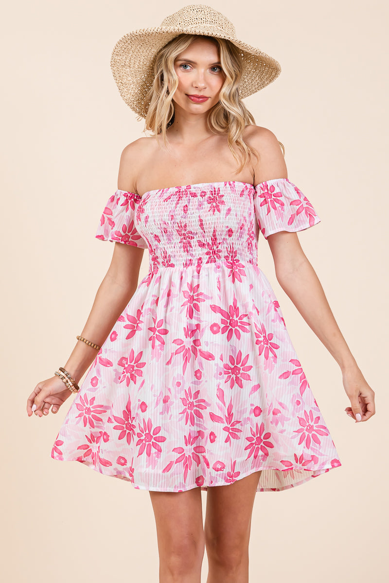 Floral Off Shoulder Smocked Mini Dress