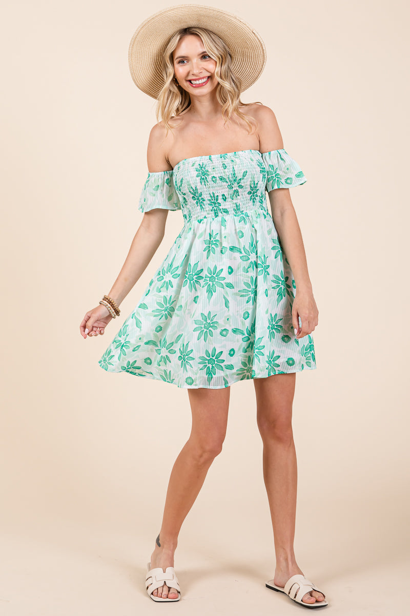 Floral Off Shoulder Smocked Mini Dress