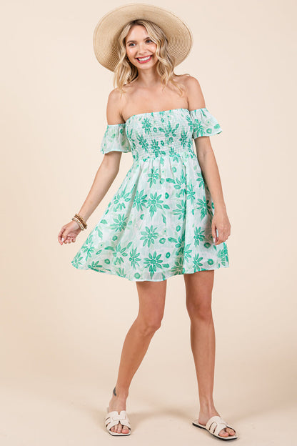 Floral Off Shoulder Smocked Mini Dress