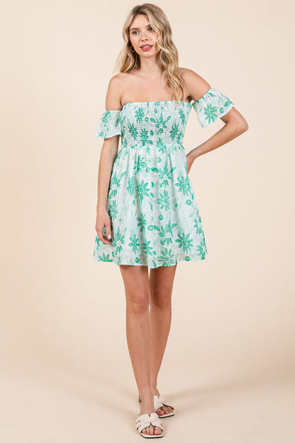 Floral Off Shoulder Smocked Mini Dress