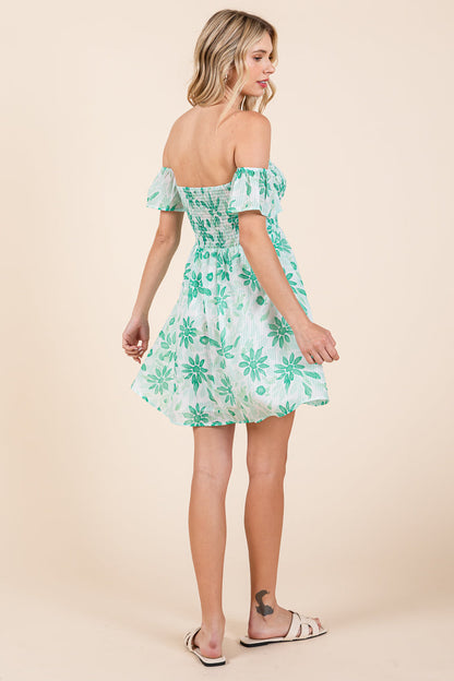 Floral Off Shoulder Smocked Mini Dress