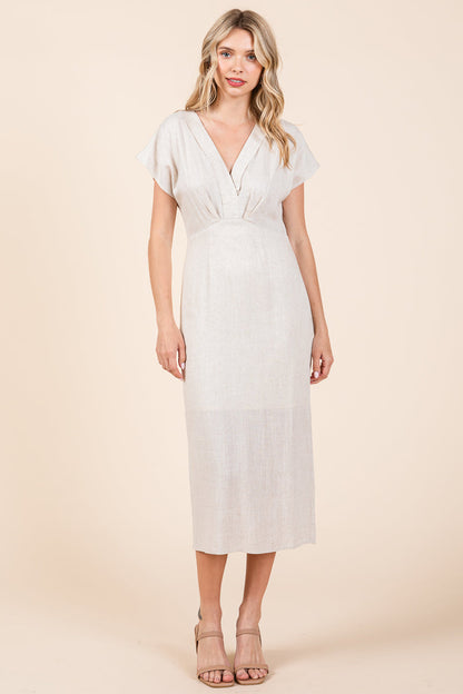 Linen V Neck Wrap Ruched Sheath Midi Dress