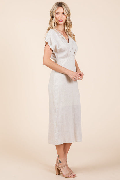 Linen V Neck Wrap Ruched Sheath Midi Dress