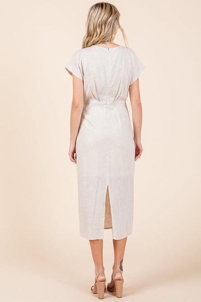 Linen V Neck Wrap Ruched Sheath Midi Dress