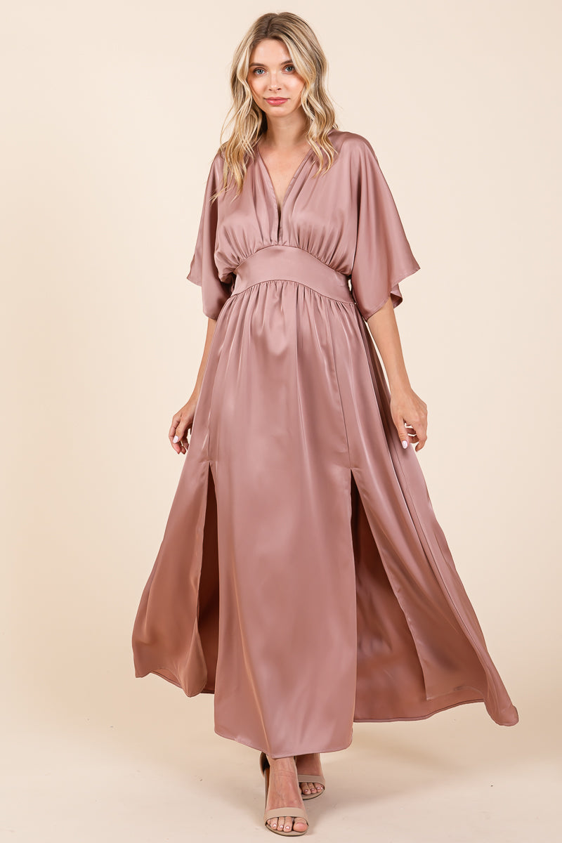 Double Satin Split Hem Smocked Kimono Maxi Dress