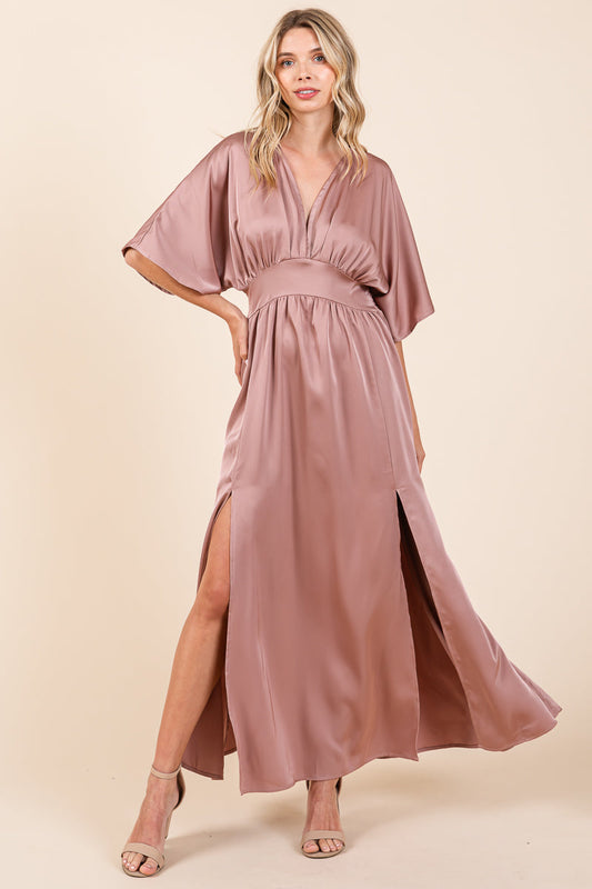 Double Satin Split Hem Smocked Kimono Maxi Dress
