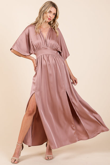 Double Satin Split Hem Smocked Kimono Maxi Dress