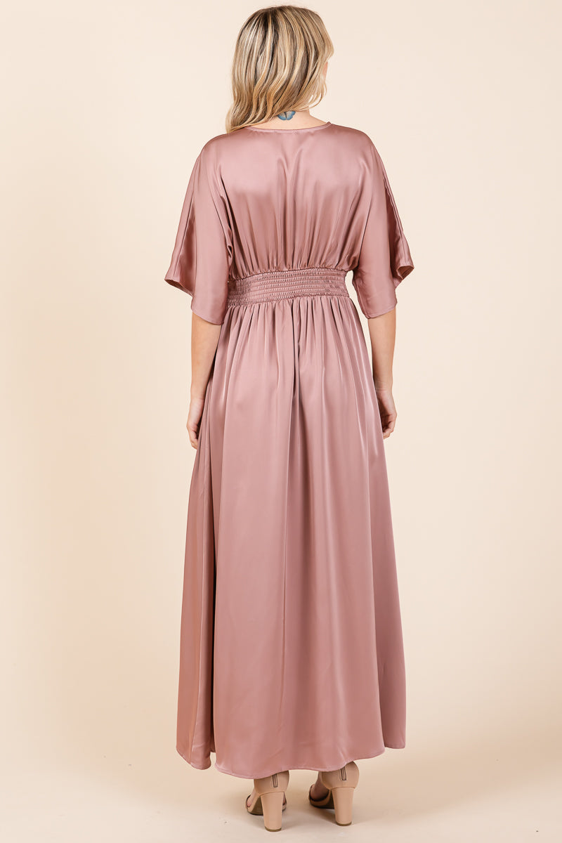 Double Satin Split Hem Smocked Kimono Maxi Dress