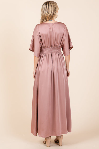 Double Satin Split Hem Smocked Kimono Maxi Dress