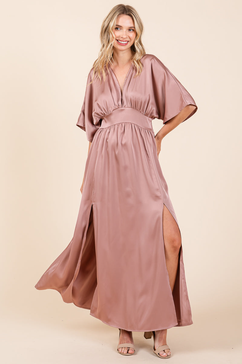 Double Satin Split Hem Smocked Kimono Maxi Dress