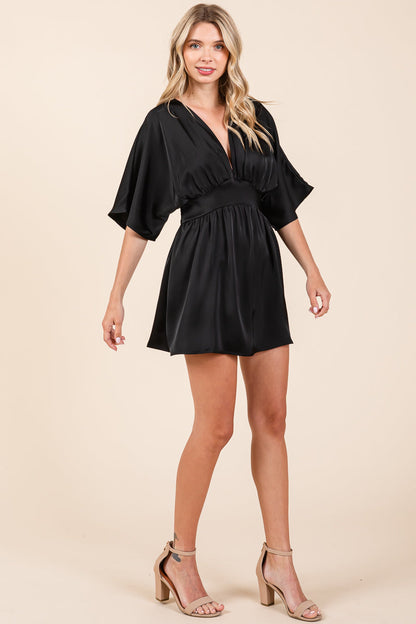 Double Satin V Neck Smocked Kimono Mini Dress