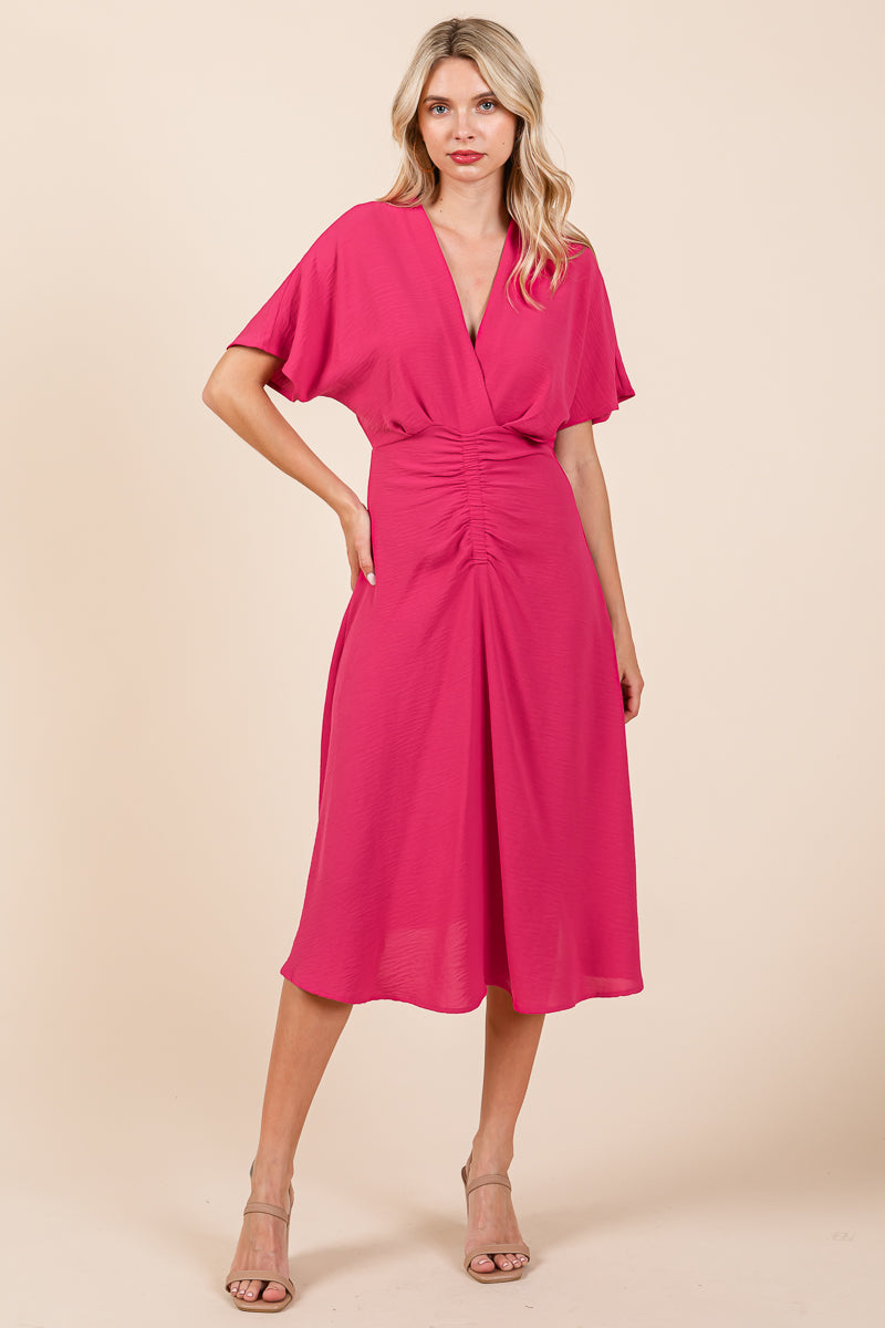 V Neck Short Sleeve Ruched Midi Dress