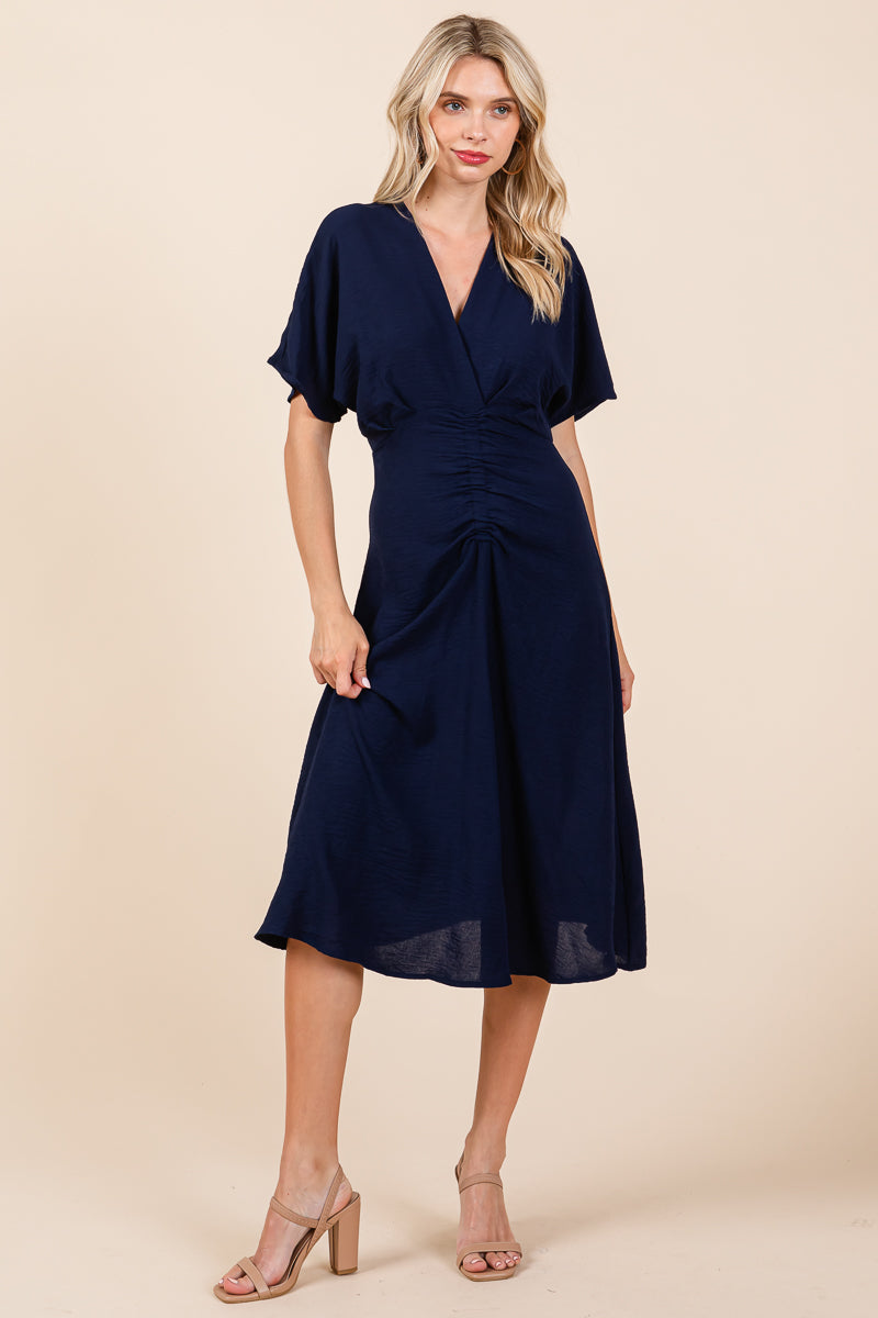 V Neck Short Sleeve Ruched Midi Dress