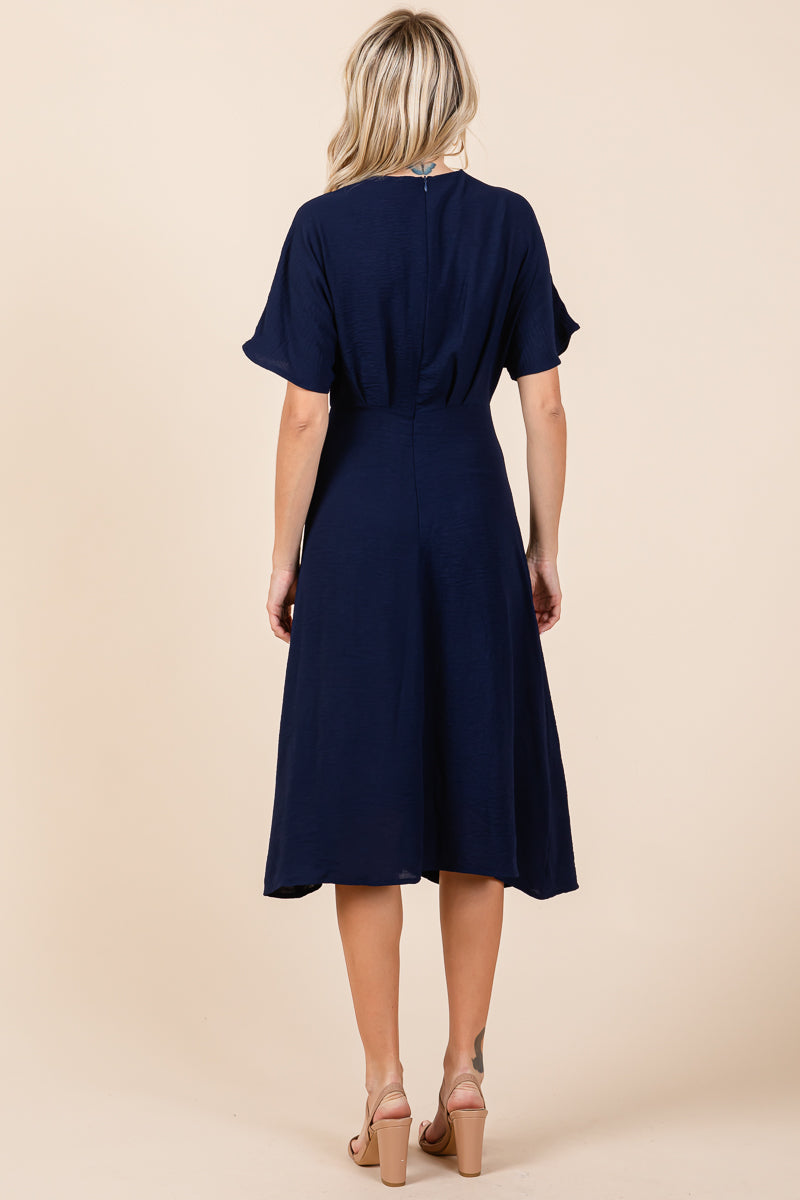 V Neck Short Sleeve Ruched Midi Dress