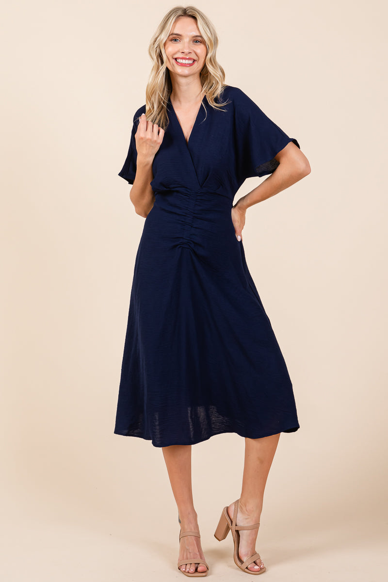 V Neck Short Sleeve Ruched Midi Dress