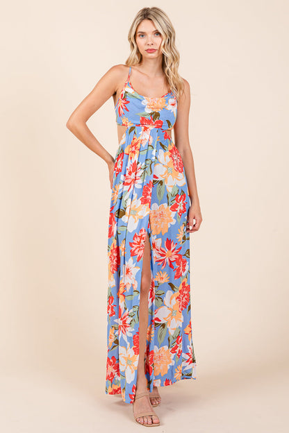 Flower Print Open Back Split Front Maxi Dress