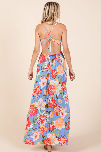 Flower Print Open Back Split Front Maxi Dress