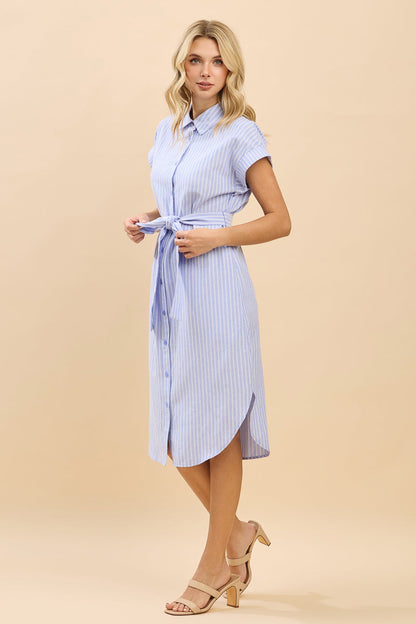 Cap Sleeve Striped Shirt Midi Dress with Waist Tie