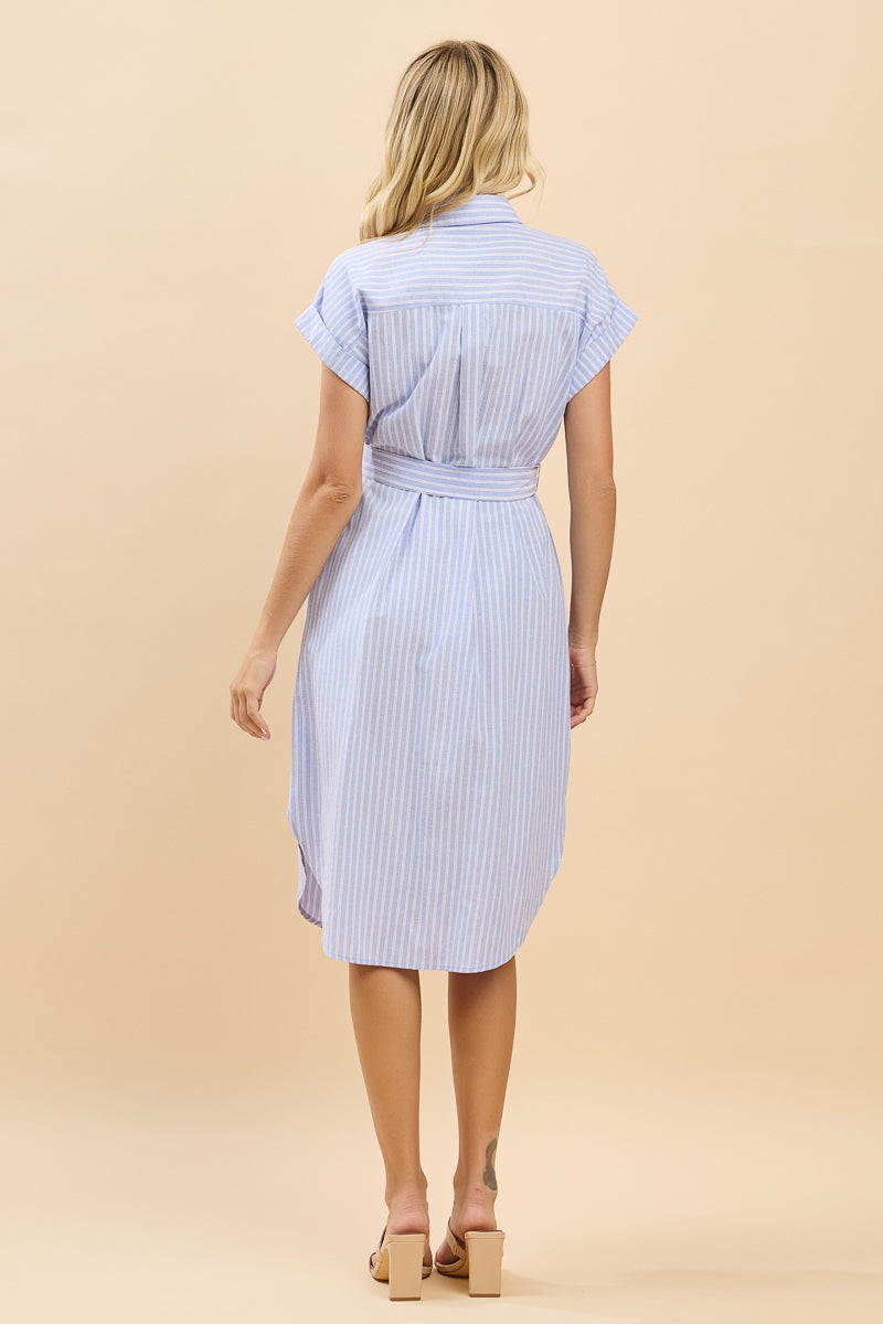 Cap Sleeve Striped Shirt Midi Dress with Waist Tie