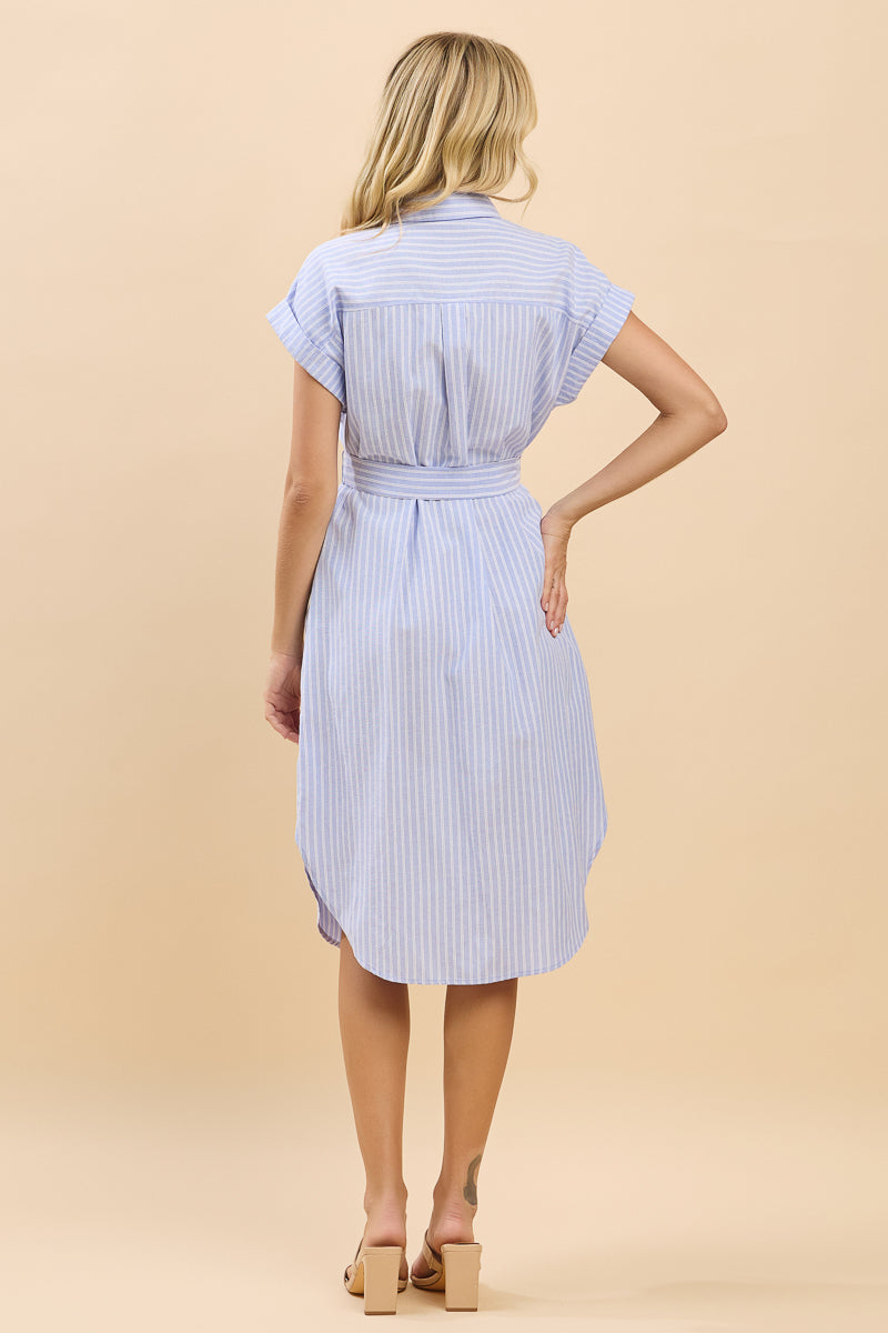 Cap Sleeve Striped Shirt Midi Dress with Waist Tie