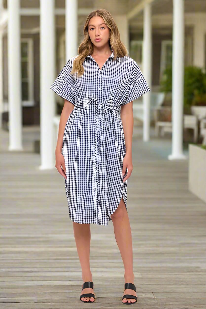Drawstring Waist Gingham Button Down Shirt Dress