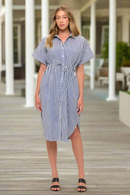 Drawstring Waist Gingham Button Down Shirt Dress