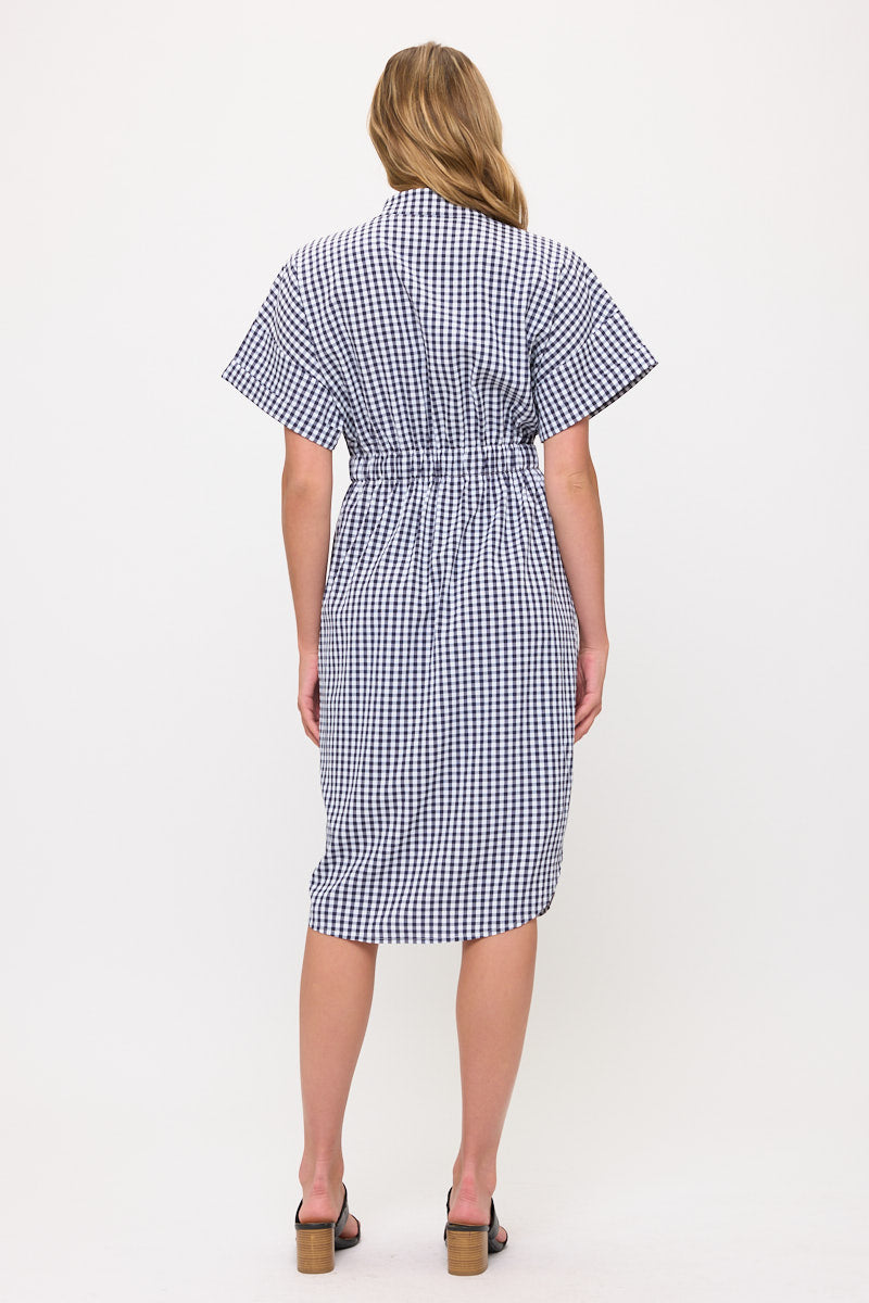 Drawstring Waist Gingham Button Down Shirt Dress