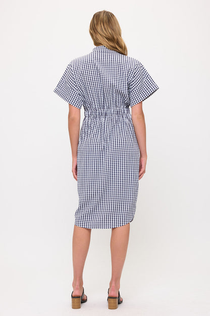 Drawstring Waist Gingham Button Down Shirt Dress