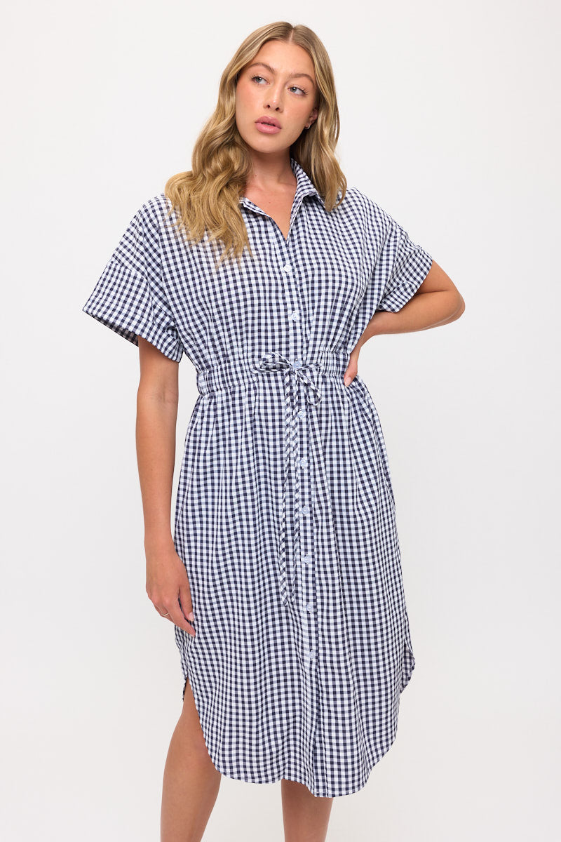 Drawstring Waist Gingham Button Down Shirt Dress