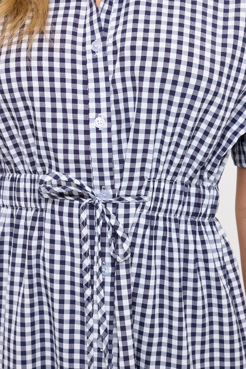 Drawstring Waist Gingham Button Down Shirt Dress