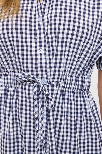 Drawstring Waist Gingham Button Down Shirt Dress