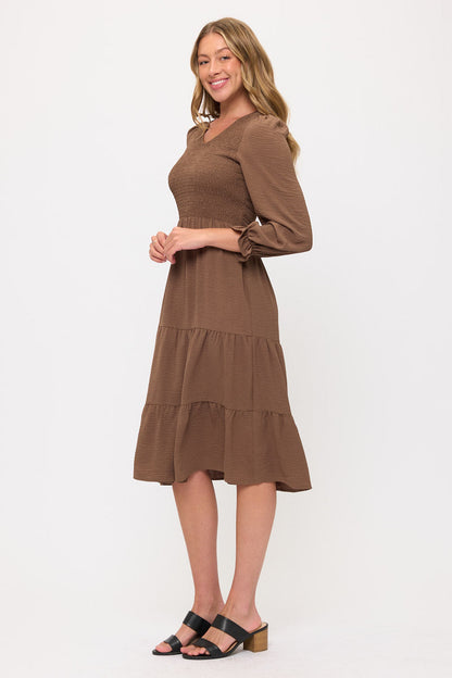Smocked Tiered Midi Dress with Puff Sleeves