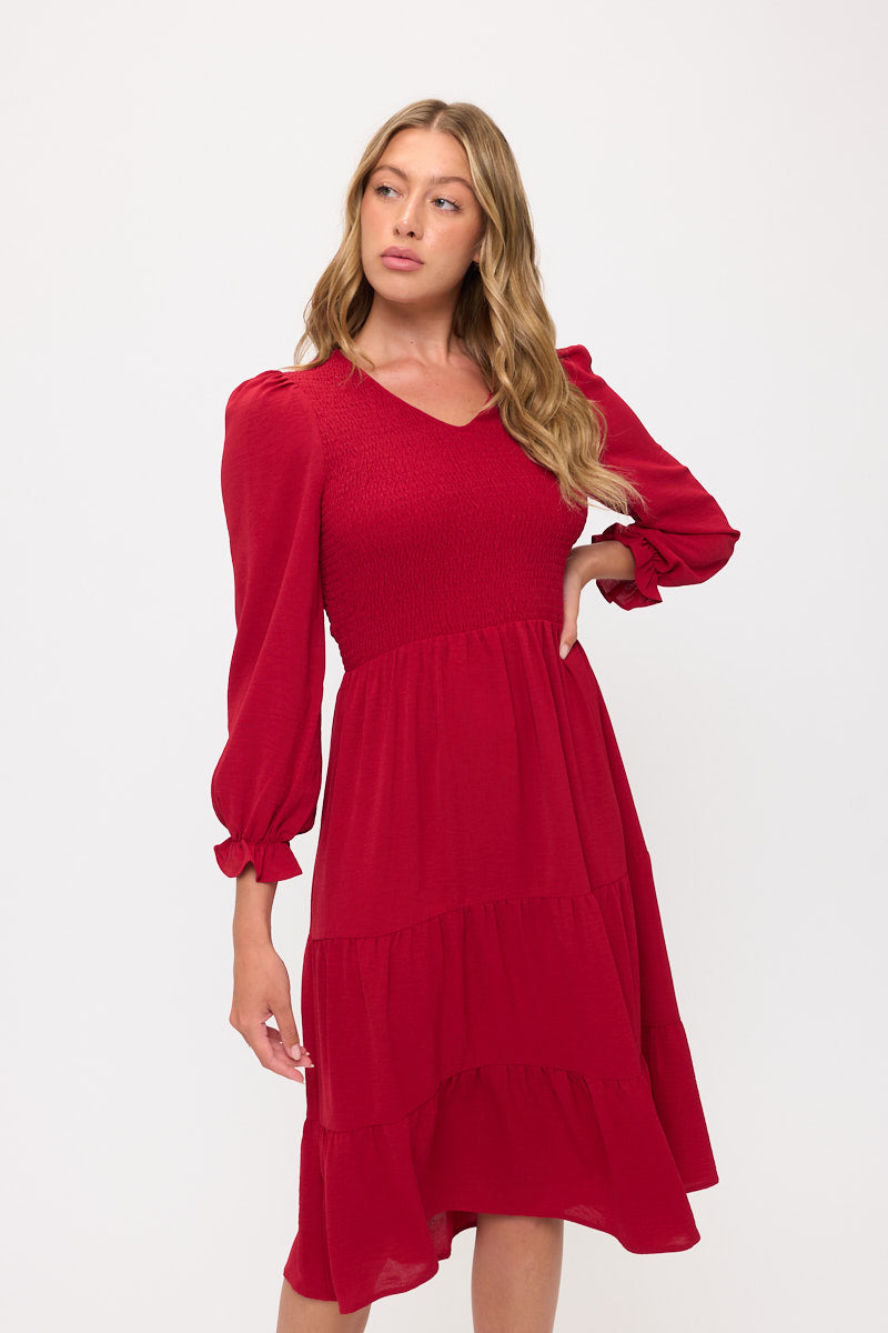 Smocked Tiered Midi Dress with Puff Sleeves