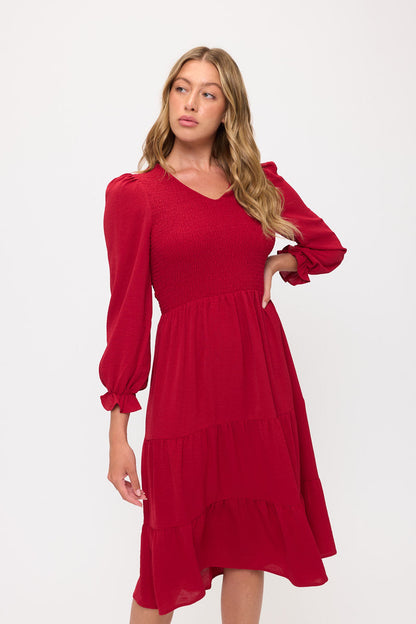 Smocked Tiered Midi Dress with Puff Sleeves