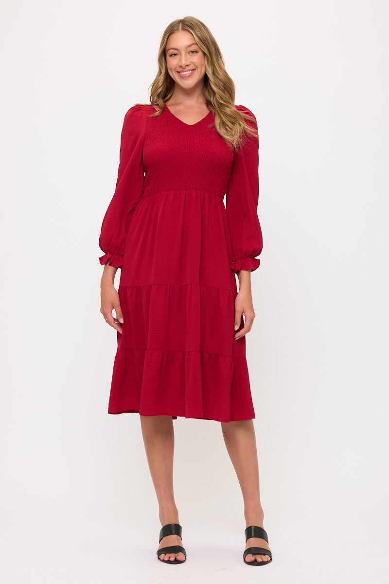 Smocked Tiered Midi Dress with Puff Sleeves