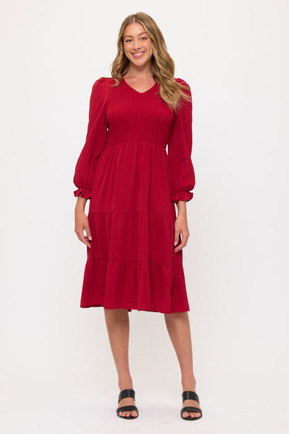 Smocked Tiered Midi Dress with Puff Sleeves