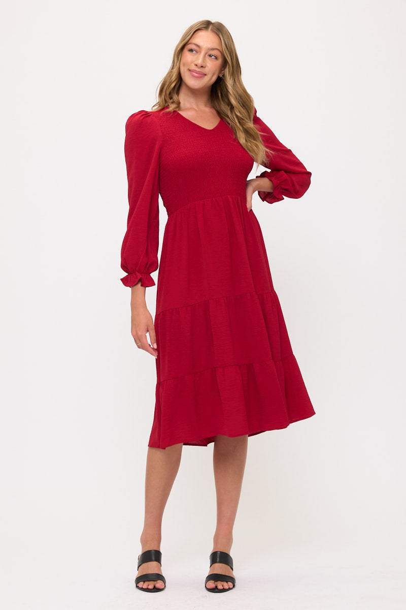 Smocked Tiered Midi Dress with Puff Sleeves